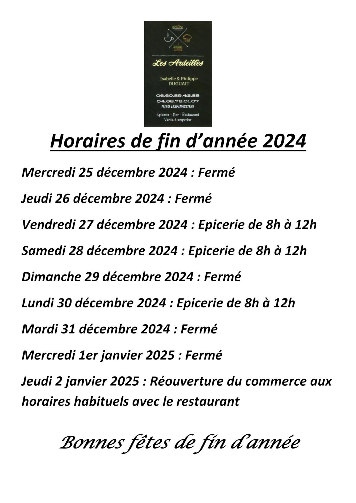 Affiche horaires fete de fin d annee 2024