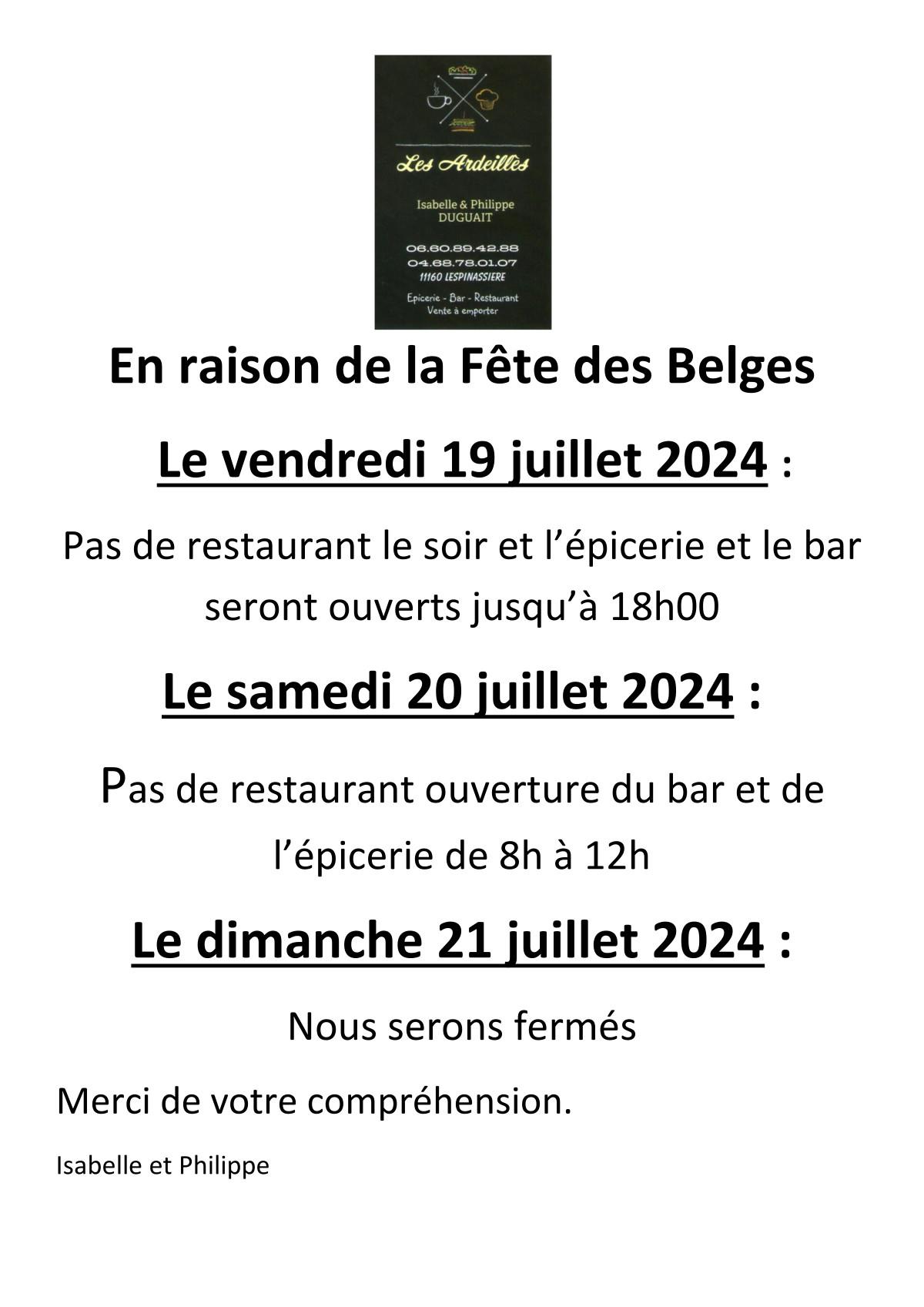 Horaires ardeilles fete des belges 2024